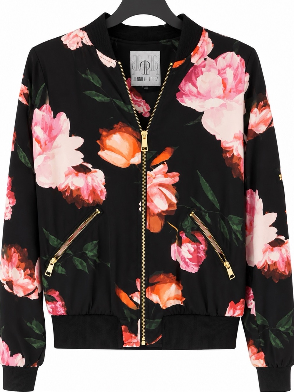 Jennifer Lopez Black Floral Bomber Jacket - Pink & Orange Blooms